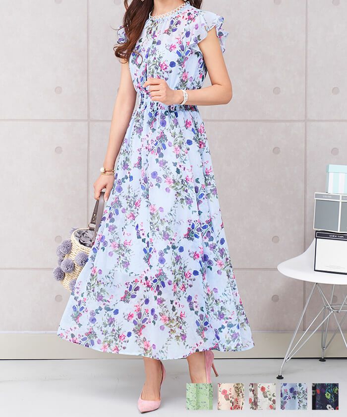 ワンピース シフォン フラワープリント ロング丈 Prima Scherrer 全4色