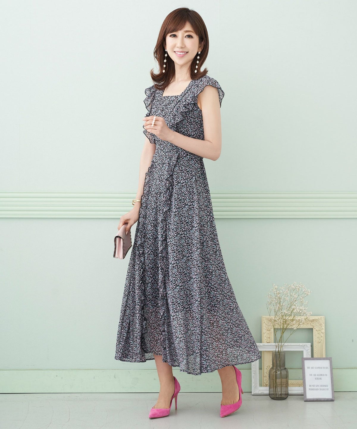 プリマシェレル/PrimaScherrer/ワンピース/フリルトリミング/フラワープリント/新色追加/小花柄/ロング丈/夏/シフォン/エアリー/S/M/コーラル/ピンク/グリーン/サックス/ブルー/ブラック/