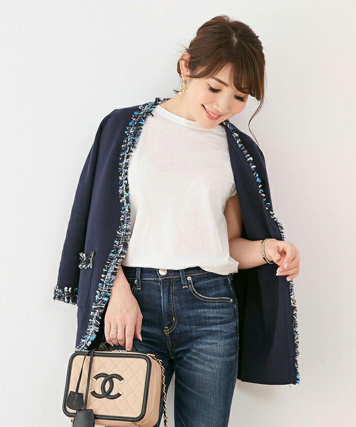 ニット カーディガン MIXツイード フリンジ付き Liala×PG 全3色