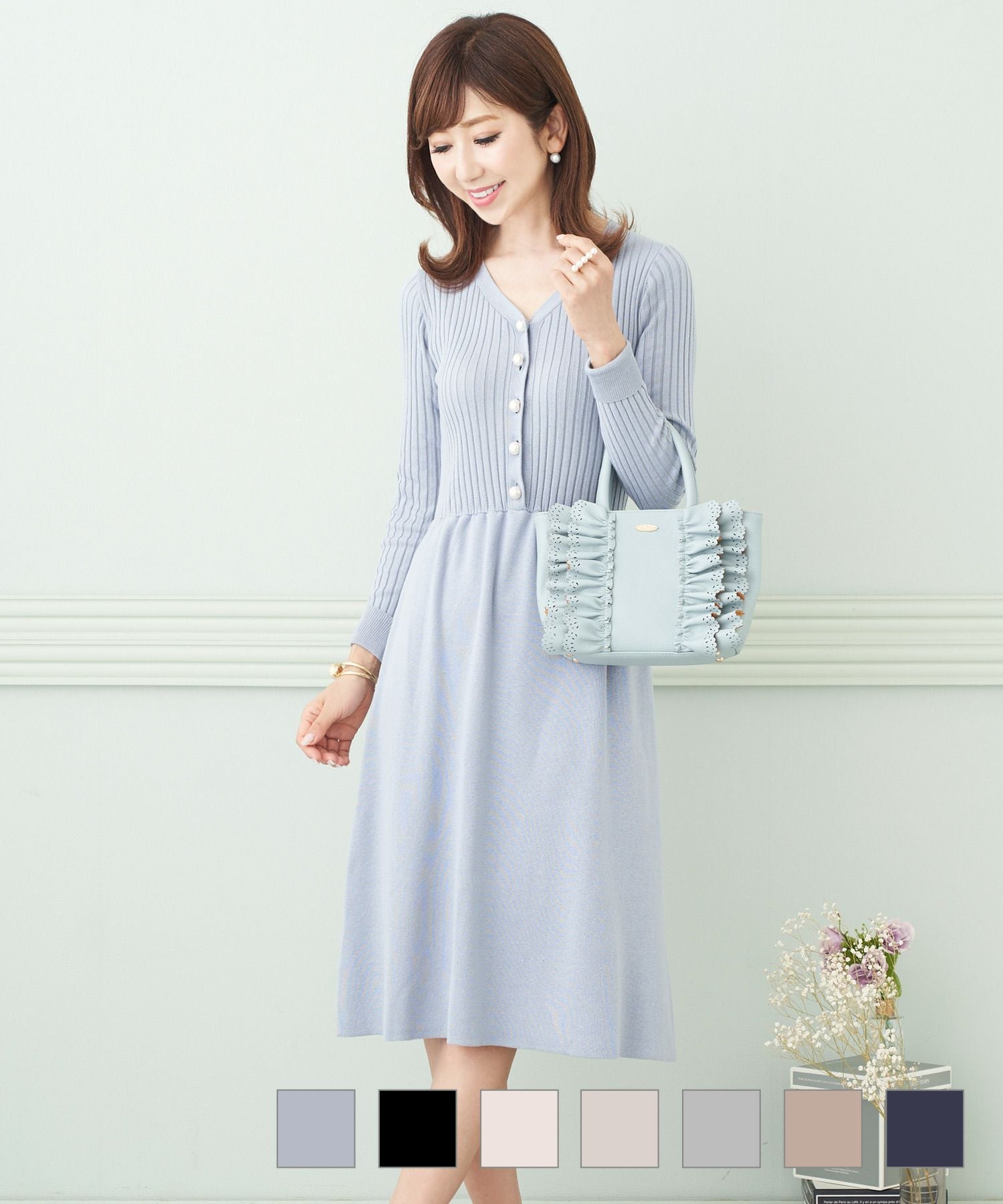 ワンピース パールボタン ワイドリブ ニット Prima Scherrer 全7色