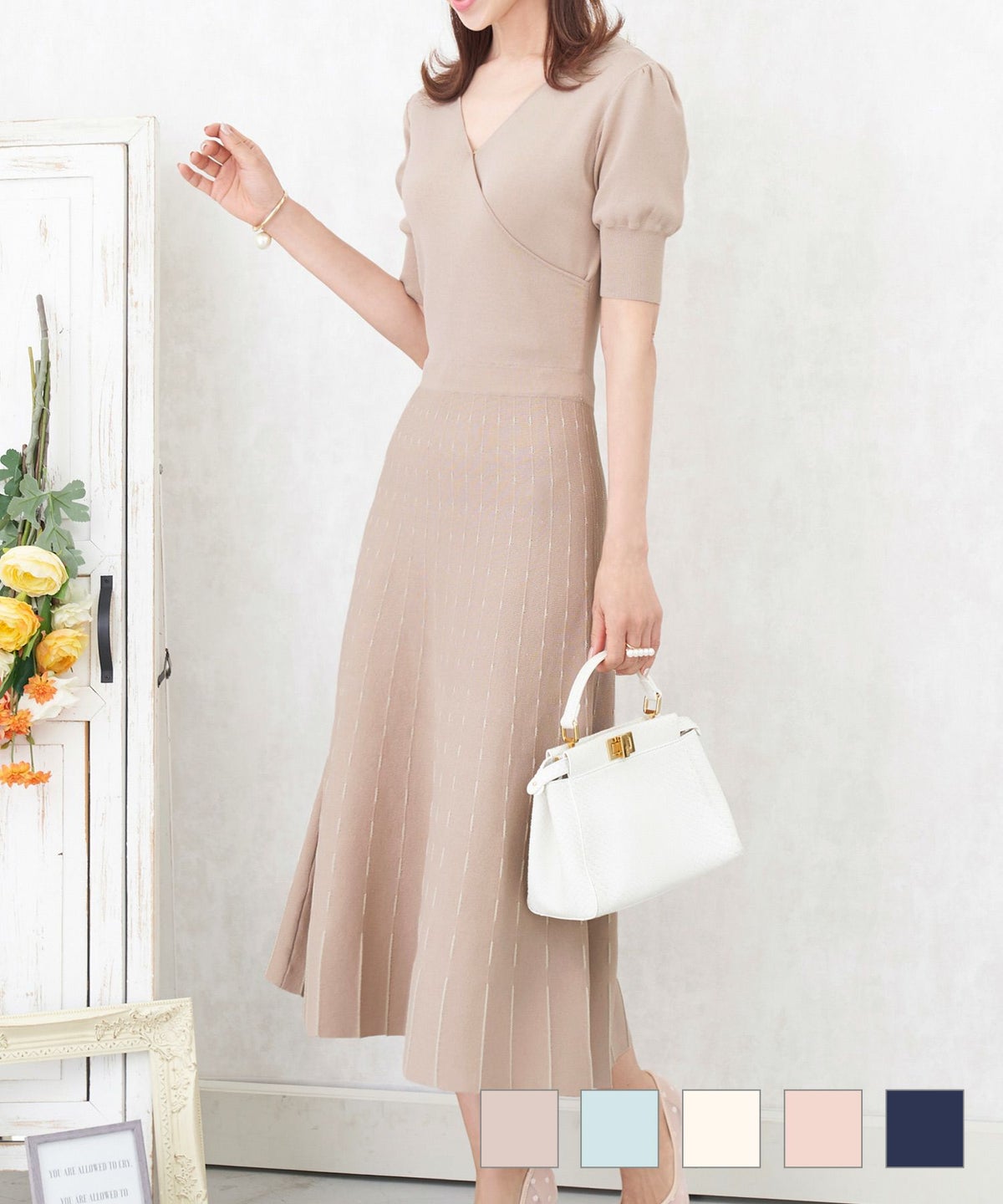 レディース/ニット/ワンピース/ラメ/ドット/ストライプ/カシュクール/半袖/フィット&フレア/S/M/パフ袖/ピンクベージュ/サックス/ホワイト/ピンク/ネイビー/上品/エレガント/華やか/伸縮性/