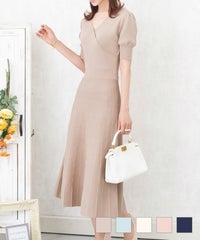 レディース/ニット/ワンピース/ラメ/ドット/ストライプ/カシュクール/半袖/フィット&フレア/S/M/パフ袖/ピンクベージュ/サックス/ホワイト/ピンク/ネイビー/上品/エレガント/華やか/伸縮性/