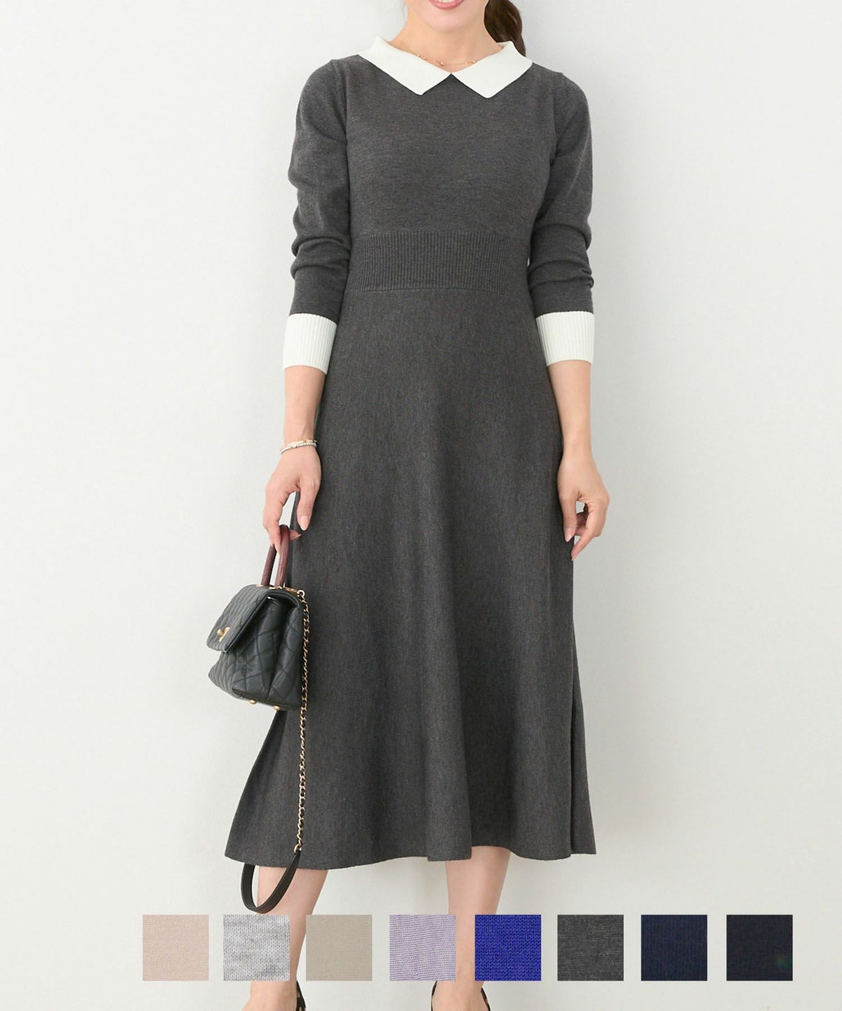 新色追加 大人気 神ワンピ バイカラー フレア ウエストマーク ニットワンピ 秋 冬 春先 S M L 襟付き ニット ワンピース Liala×PG