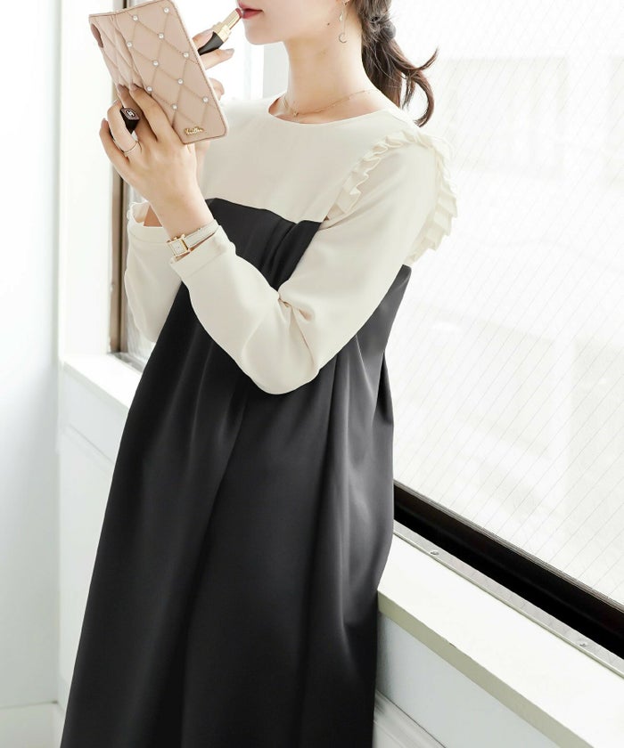 新色追加/newcolorワンピース/バイカラー/フリル/タック/ストレッチ/くるみ釦/異素材/上品/フェミニン/パーティー/お呼ばれ/フォーマル/膝下丈/ストレッチ/ピンク/モカ/バイカラー/配色ベージュ/ブラック