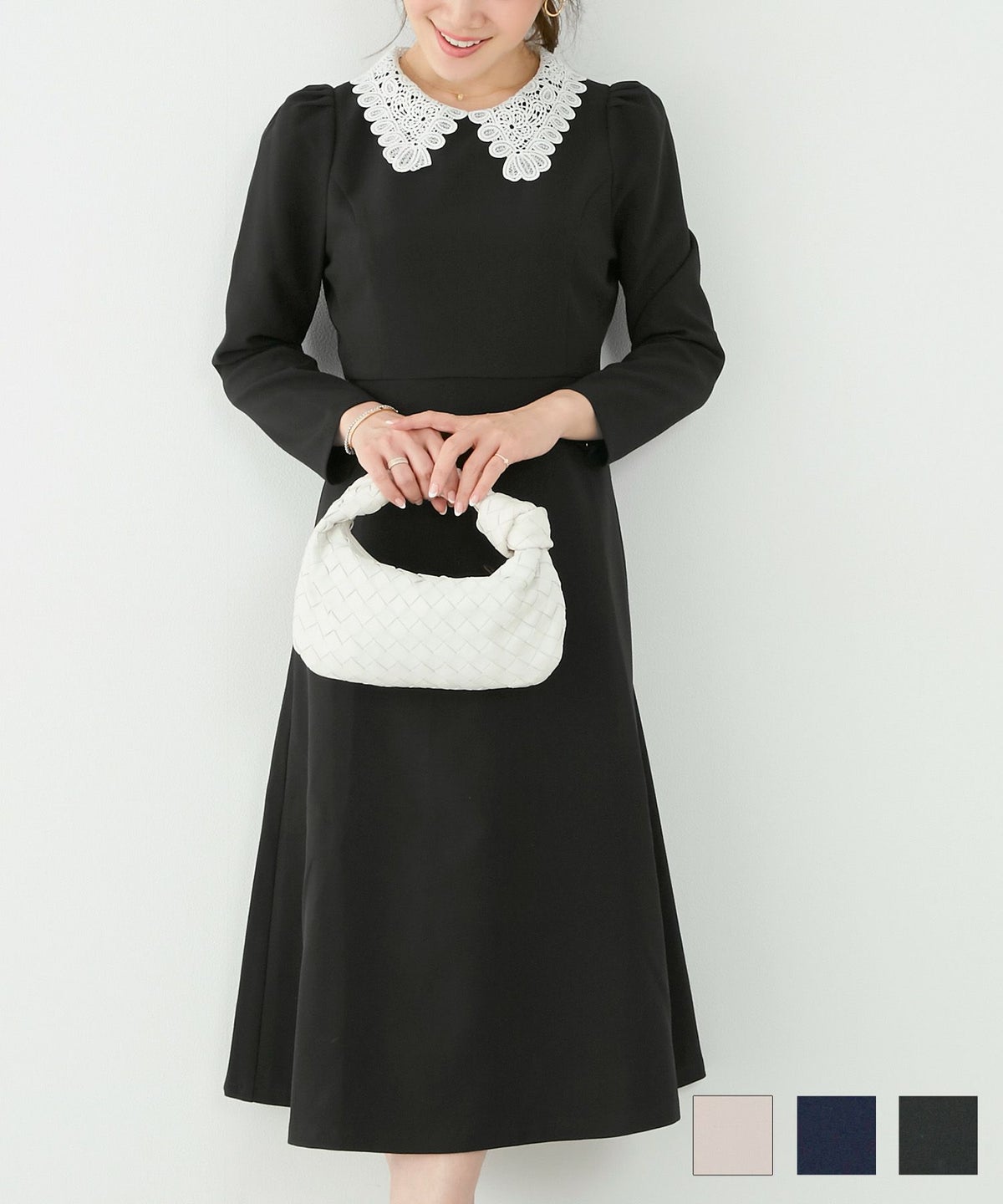 新色追加 S M L 長袖 ミモレ丈 フェニミン 上品 お呼ばれ オケージョン 卒入学式 オフィス 大人可愛い ジョイントスペース ワンピース レース襟 フィット&フレア Liala×PG