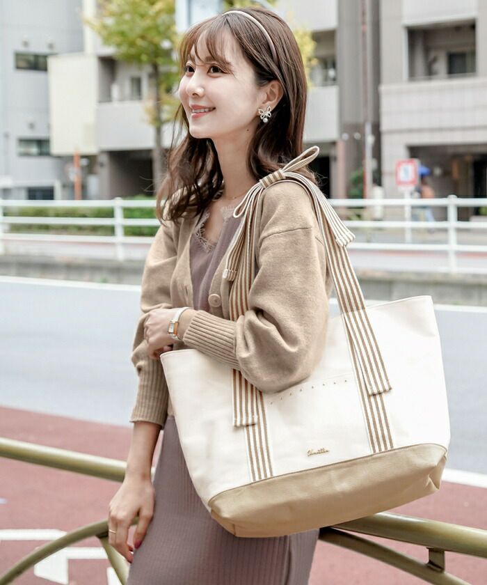 トート バッグ リボン ストライプ キャンバス le reve vaniller 全4色