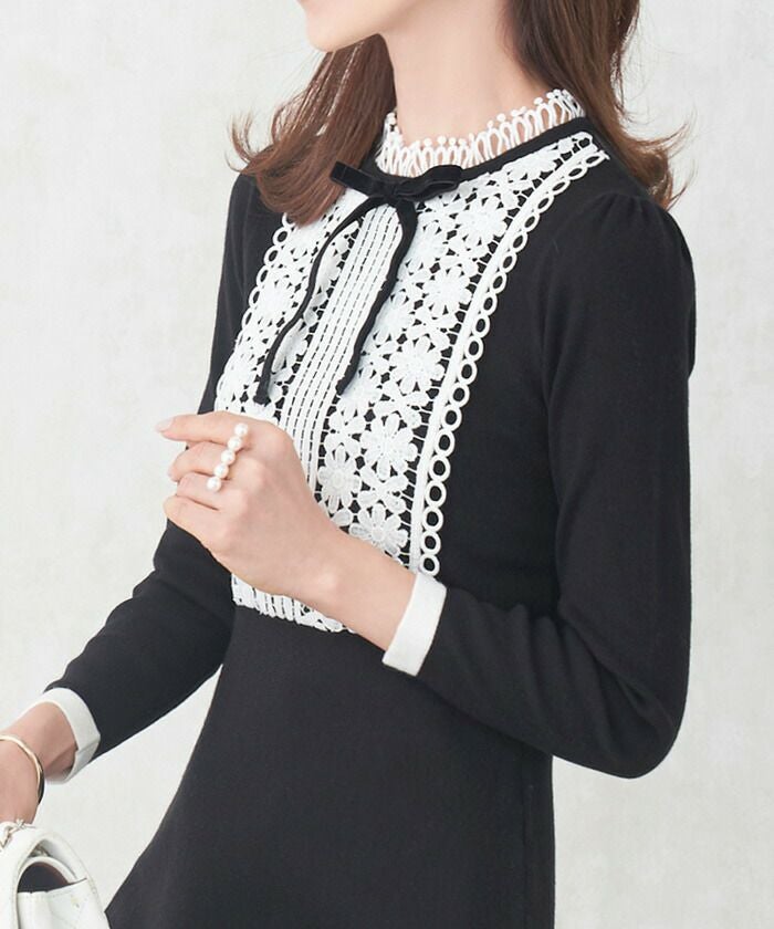 ニット ワンピース リボン付き 配色レース Prima Scherrer 全3色