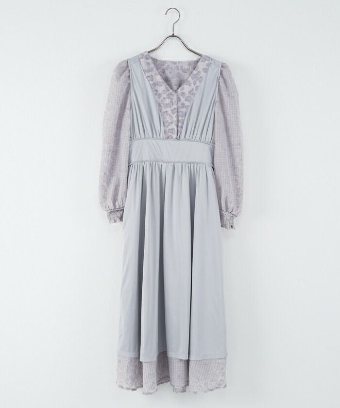 レディース/ワンピース/レオパード/アニマル/柄/ヒョウ柄/ギンガムチェック/シフォン/ジャガード/授乳/ママ/前開き/Vネック/ロング丈/長袖/袖口ゴム/上品/大人可愛い/フェミニン/高見え/大人/細見え/体型カバー/ハイウエスト