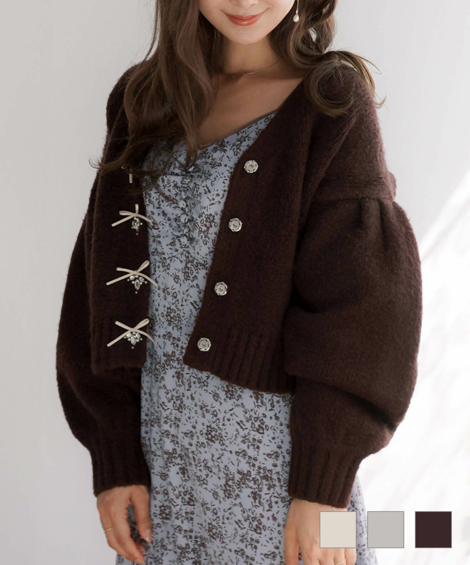 ニット カーディガン リボンビジュー le reve vaniller 全3色｜lvn412