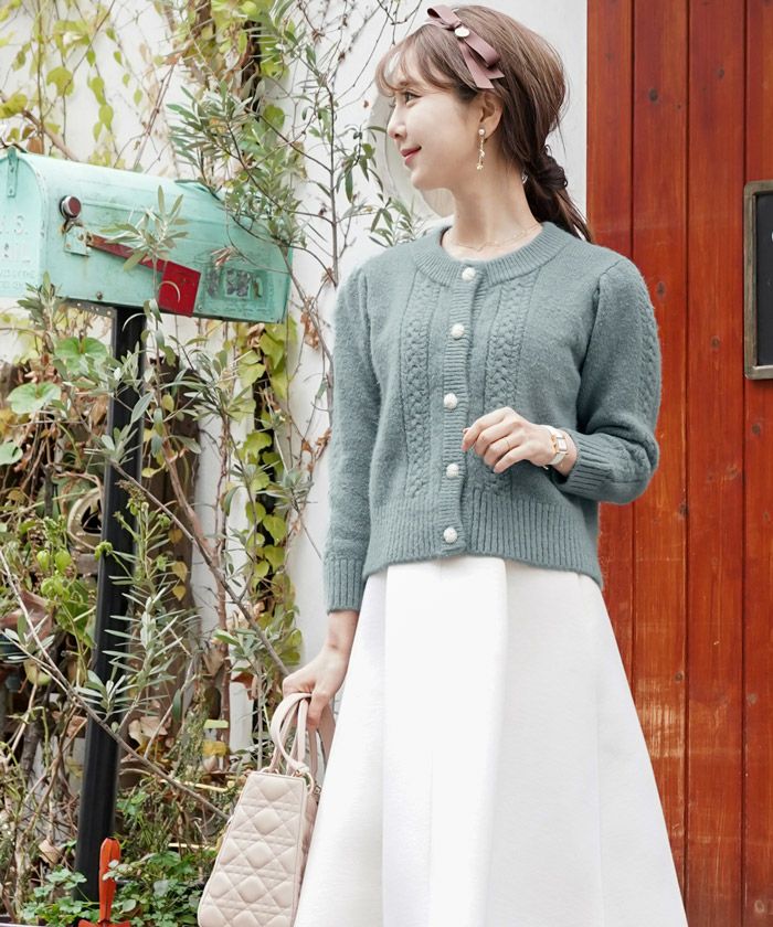 ニット カーディガン ケーブル パールビジュー le reve vaniller 全3色