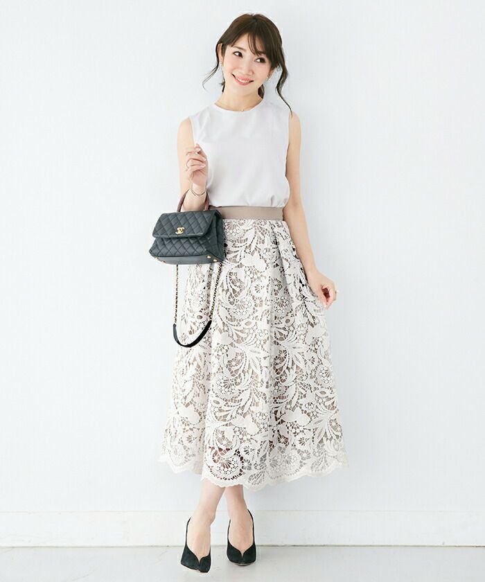 スカート スカラップレース ロング丈 Liala×PG 全3色｜lpg611-0928【2