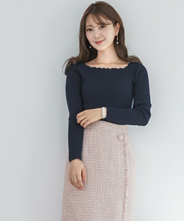 極美品♡ルネ♡スカラップニット 配色スカラップ強撚ニット（7分袖） | natural couture(ナチュラル