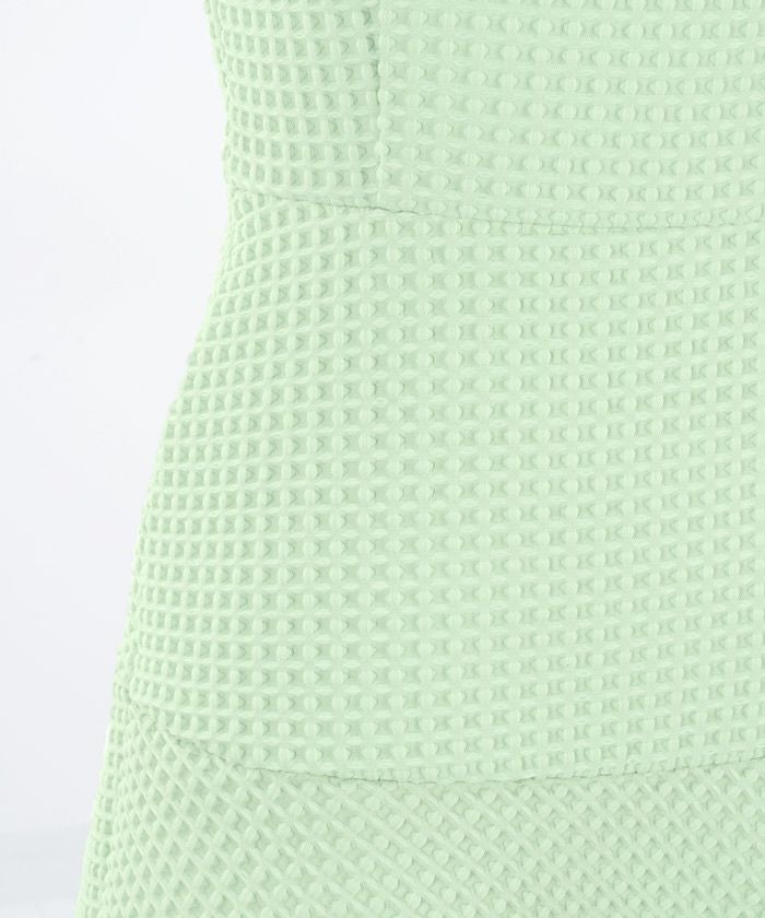 レディース/ワンピース/ワッフルジャガード/パール襟/フィット&フレア/ノースリーブ/襟付き/膝下丈/上品/S/M/サックス/ブルー/ミント/ライム/ライトグリーン/ブラック/