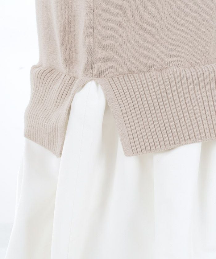 ニット/ワンピース/レイヤード風/スカラップヘム/ボリュームスリーブ/袖口パール/9分袖/スリット入り/S/M/グレージュ/ベージュ/グレー/杢グレー/メランジ/ネイビー/