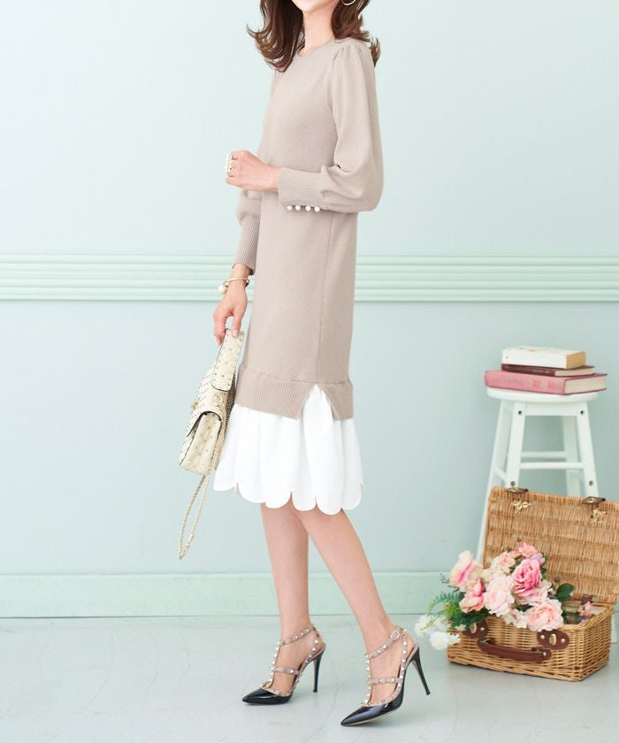 ニット/ワンピース/レイヤード風/スカラップヘム/ボリュームスリーブ/袖口パール/9分袖/スリット入り/S/M/グレージュ/ベージュ/グレー/杢グレー/メランジ/ネイビー/