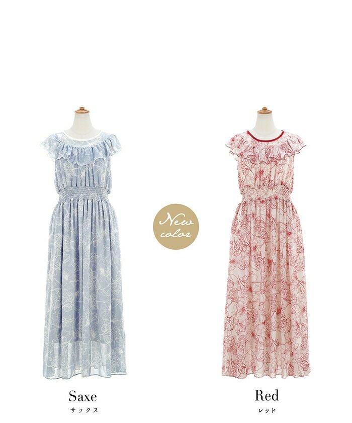 レディース/ワンピース/ロング/シフォン/ヨークフリル/ウエストゴム/ウエストギャザー/ノースリーブ/ウエストゴム/花柄/フラワー/春/夏/フリーサイズ/ピンク/ブルー/ブラック/ホワイト/レッド/サックス/モノトーン/インナー付き/アンダードレス/手洗い可/洗える/