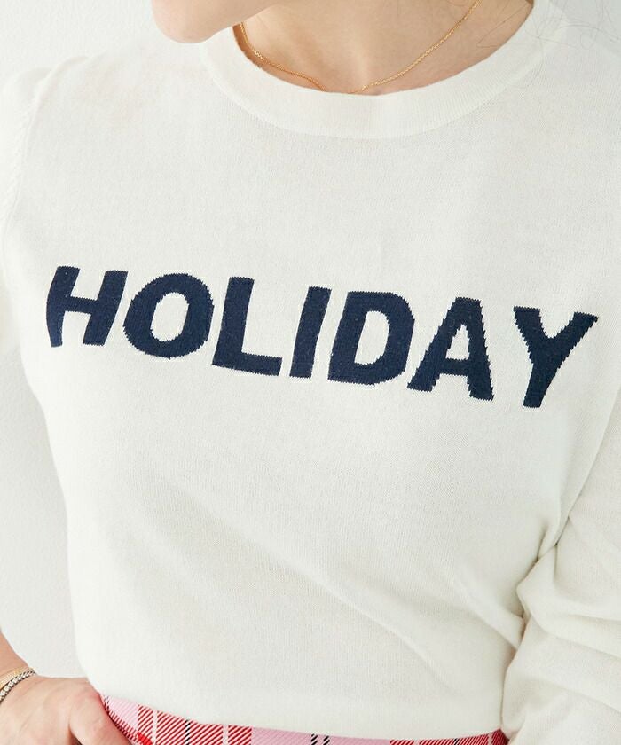 レディース/トップス/ニット/HOLIDAY/ロゴ/インターシャ/9分袖/ラウンドネック/配色/綿混/コットンMIX/S/M/ホワイト/ライトグレー/ピンク/グリーン/カラフル/カジュアル/きれいめ/