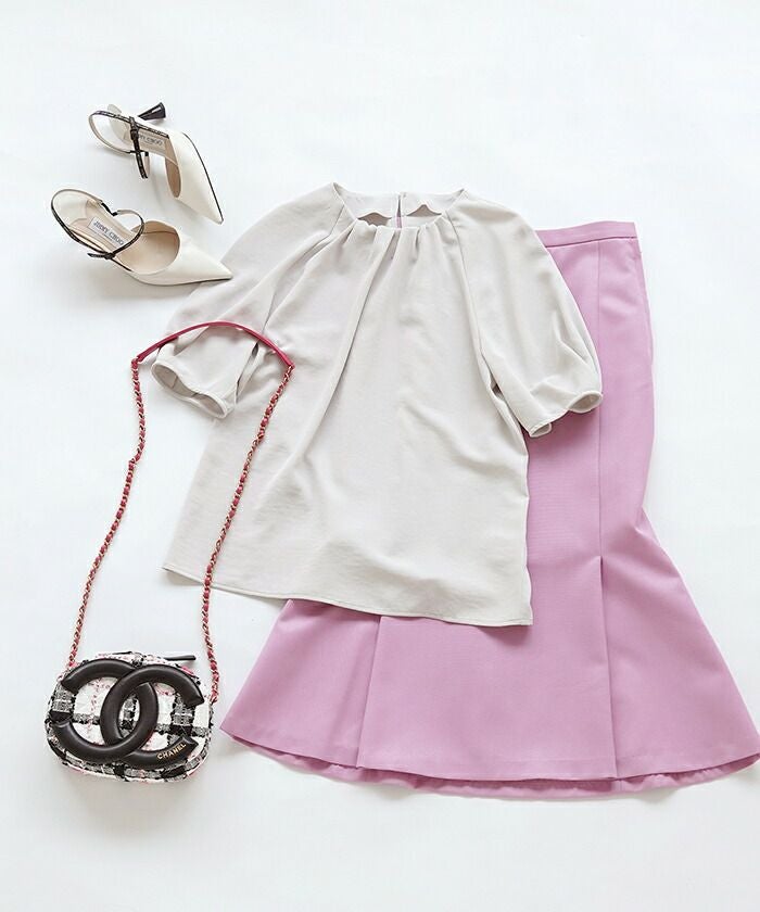 セレクト/レディース/トップス/ブラウス/ギャザー/シェリーサテン/パフスリーブ/半袖/5分袖/ラウンドネック/手洗い可/洗える/グレージュ/ベージュ/ラベンダー/くすみカラー/S/M/上品/きれいめ/エレガント/エレガンス/