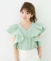 レディース/トップス/ブラウス/ラッフルスリーブ/フリル/Vネック/くるみボタン/イレヘム/ホワイト/ミント/ブラック/S/M/韓国服/