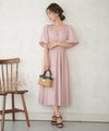 レディース/ワンピース/チェック柄/花柄/線画/モノトーン/フレアスリーブ/タック/配色/半袖/ラインドローイング/ピンク/グレー/ブラック/レトロ/ノスタルジック/フェミニン/大人可愛い