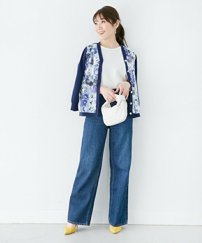 美品　liala×PG ボタニカル柄カーディガン　スカート ブラウス　ワンピース カーディガン ボタニカル柄 異素材 ニット Liala×PG 全3色｜lpg411