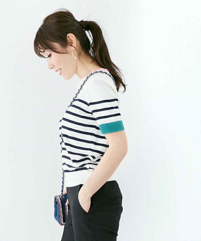 日本製/レディース/トップス/ニット/ボーダー/半袖/配色/洗える/手洗い可/トリカラー/トリコロール/カラフル/袖山ギャザー/プルオーバー/綿混/コットンMIX/袖口リブ/裾リブ/春/夏/秋/パネルボーダー/オフホワイト/ブラック/ネイビー/ピンク/グリーン/レッド/ブルー/マリン/