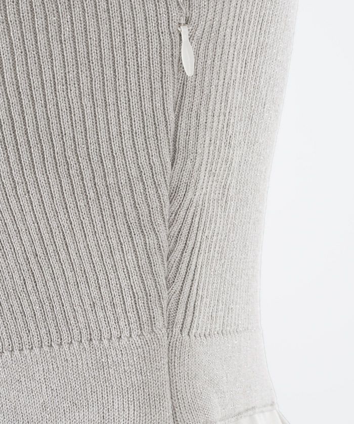 日本製/ワンピース/ラメ/ニット/ドッキング/異素材/リブ/チャーム付き/フィット&フレア/膝下丈/半袖/5分袖/S/M/アイボリー/グレージュ/サックス/ラベンダー/シルバー/