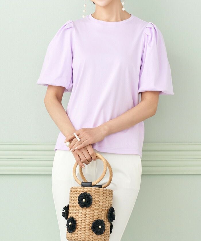 日本製/レディース/トップス/カットソー/プルオーバー/ロゴ/プリント/タックスリーブ/Tシャツ/半袖/ボリュームスリーブ/ホワイト/ラベンダー/ネイビー/きれいめカジュアル/ラフ/手洗い/洗える/春/夏/秋/シンプル/