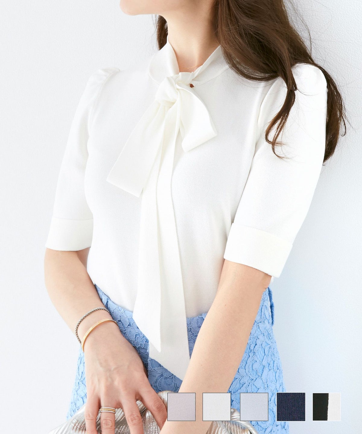 新色追加 手洗い可  ニット トップス レディース 薄手 おしゃれ オフィスカジュアル かわいい 白 黒 服 バイカラー 女性 ジョイントスペース 半袖 ボウタイ ニット Liala×PG
