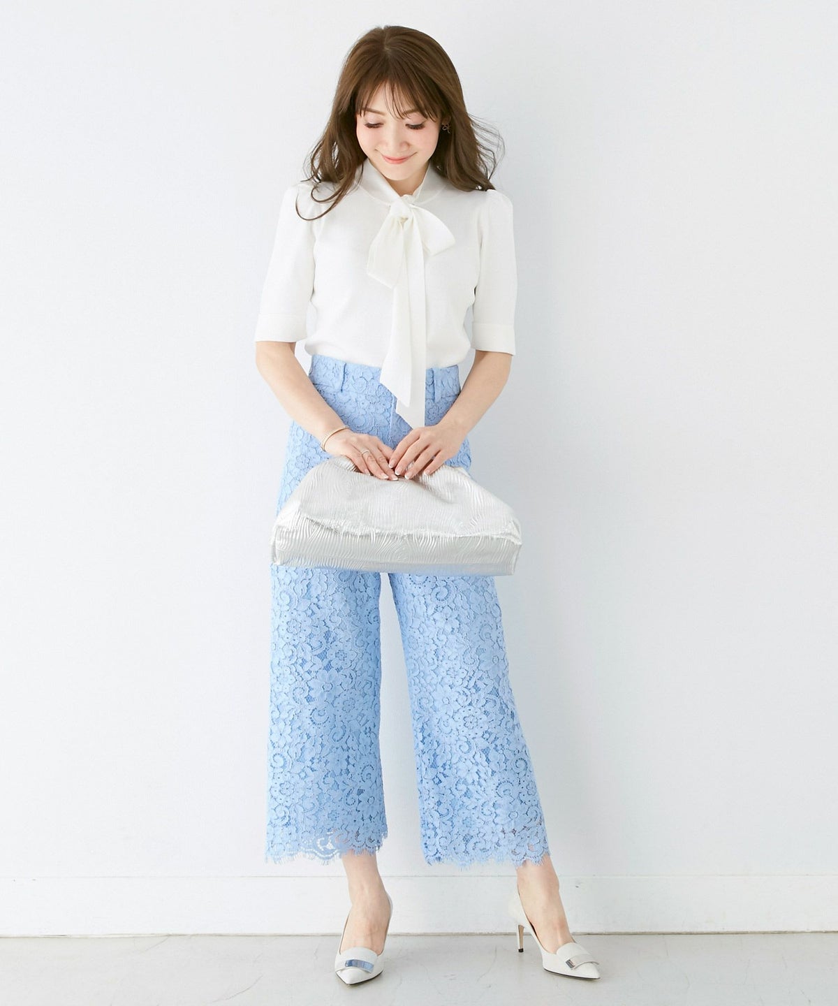 新色追加/手洗い可/マルチニットシリーズ/セットアップ対応商品/リボン/ゴム地/5分袖