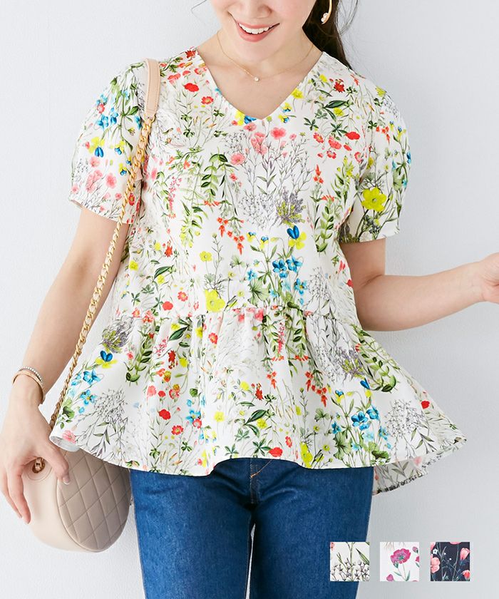 ブラウス ボタニカル柄 フレアヘム 半袖 Liala×PG 全3色｜lpg811-1053