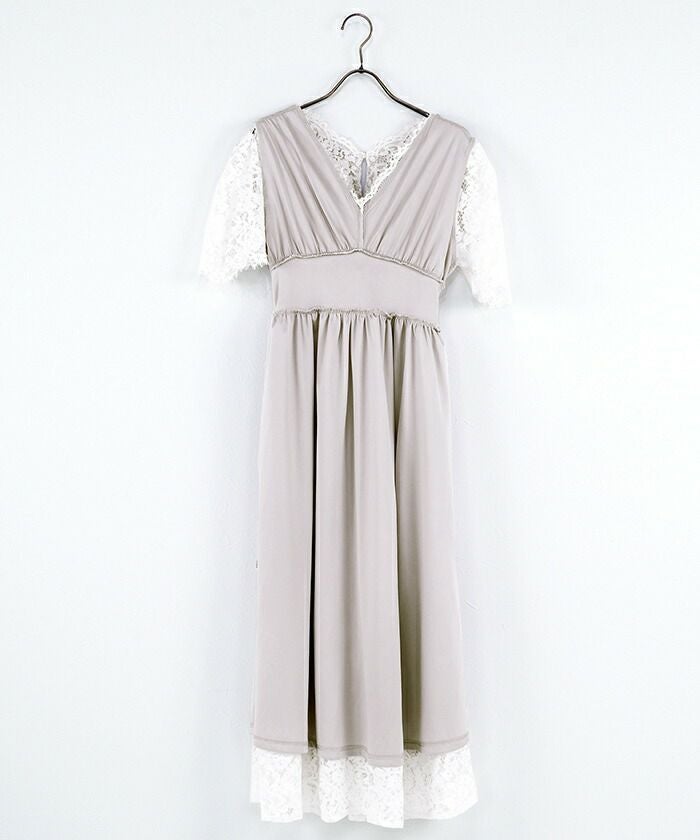 レディース/ワンピース/総レース/レース/スカラップ/半袖/ドレス/ロング/ミモレ/フレア/お呼ばれ/パーティー/上品/フェミニン/綿/コットン/ナイロン/裏地