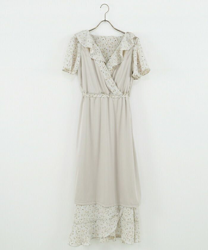 レディース/ワンピース/Vネック/巻きスカート/ラップスカート/花柄/ロング/カシュクール/ウエストゴム/上品/大人かわいい/ピンク/グレー/ラッフル/フリル