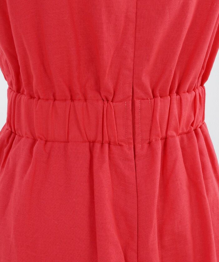 レディース/ワンピース/フリル/レース/コットン/リネン/Vタック/ロング丈/ノースリーブ/ウエストゴム/ファスナー/綿/麻/S/M/