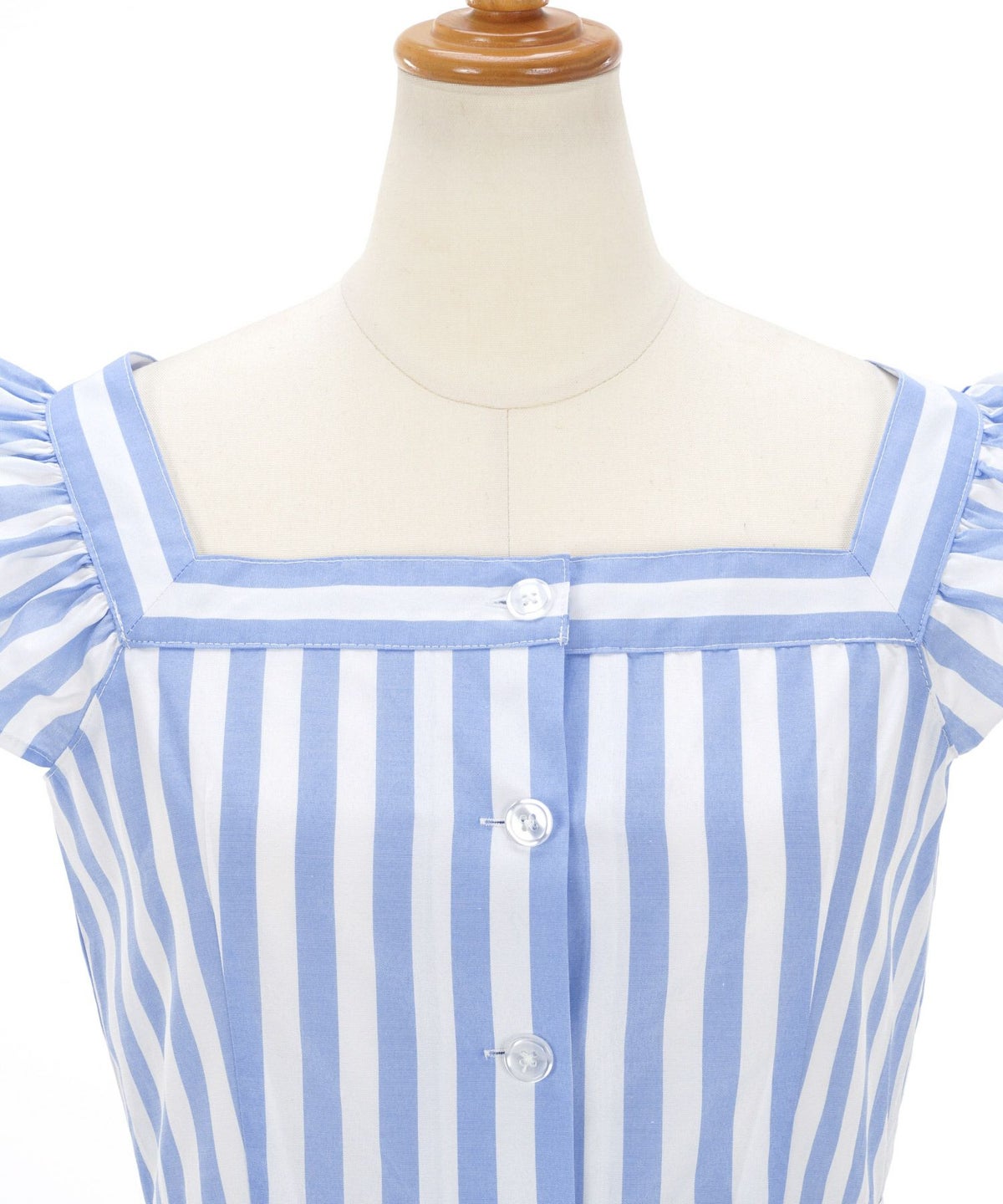 レディース/ワンピース/スクエアネック/ストライプ/フリルスリーブ/フリルヘム/フロントボタン/ロング丈/S/M/ミント/サックス/ネイビー/綿混/コットン/