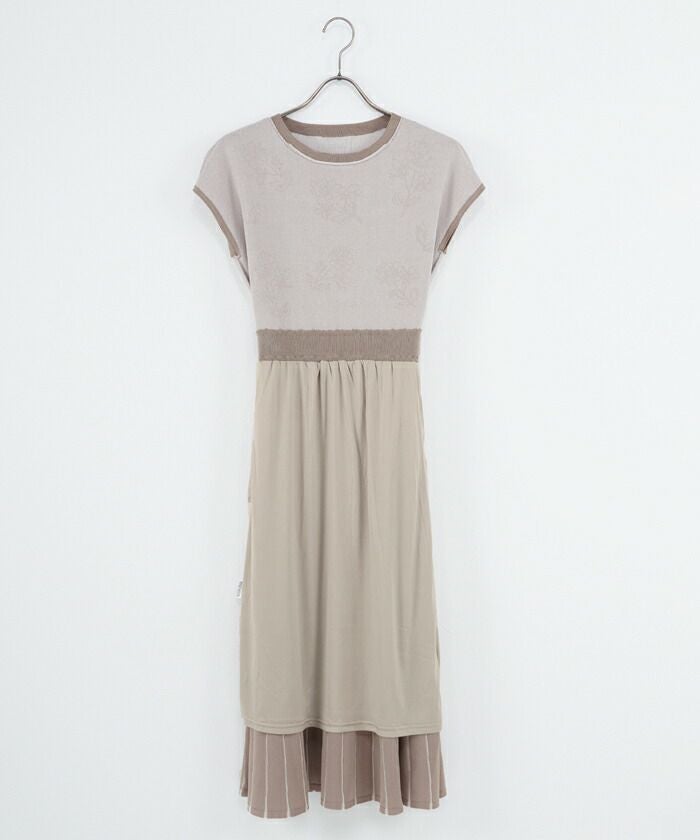 レディース/ワンピース/ニットワンピ/花柄/フラワー/配色/フィット＆フレア/ピンク/グレージュ/フェミニン/裏地付き/シャリ/夏/春/サマーニット/ウエストゴム/ジャガード/ジャカード/JQ/レーヨン/ナイロン/ハイゲージ