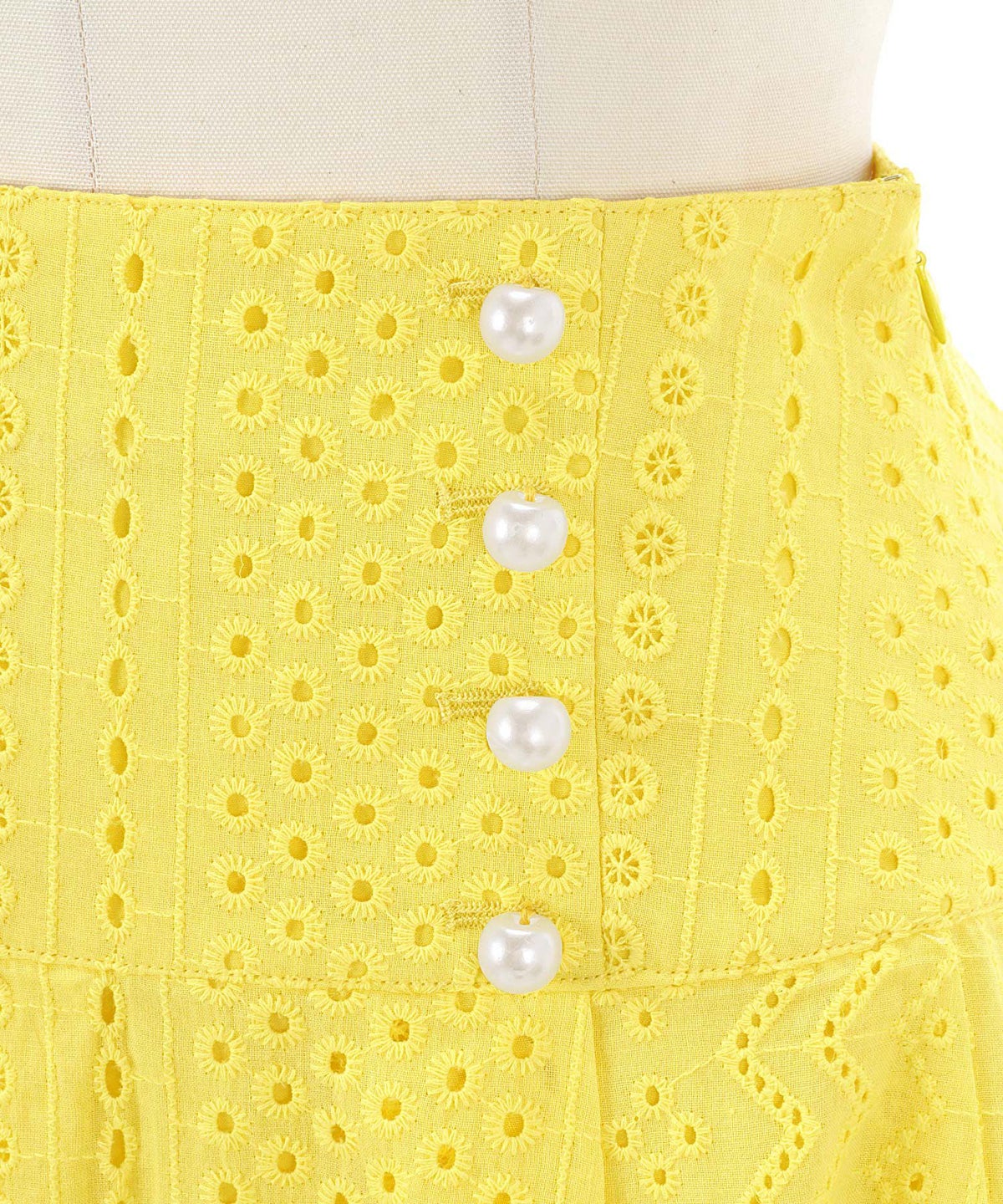 レディース/スカート/コットン/レース/パール/カットワーク刺繍/フレア/ミモレ丈/後ろウエストゴム/S/M/ホワイト/イエロー/ネイビー/きれいめ/上品/綿/