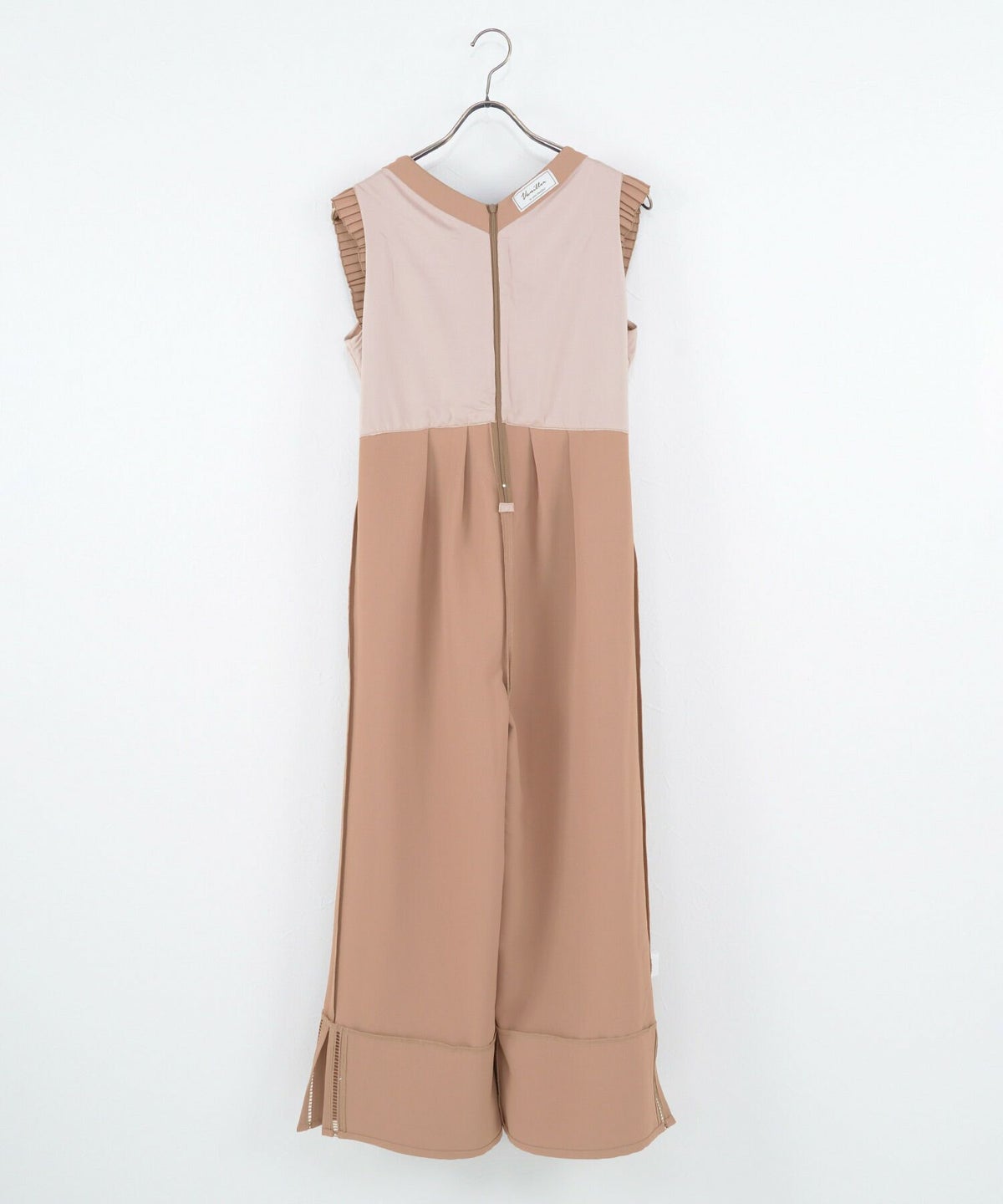 洗える/レディース/ワンピース/サロペット/ノースリーブ/プリーツ/はしごレース/夏/大人可愛い/フリル袖/袖フリル/プリーツ袖/ベージュ/テラコッタ/ローズ/ピンク/ブラック/黒/シンプル/無地/ショルダープリーツ