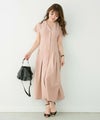 レディース/ワンピース/フィット/ふんわり/フレンチスリーブ/フロントボタン/Vネック/タック/くるみボタン/ロング丈/半袖/フレア/ベージュ/ピンクベージュ/カーキ/ネイビー/S/M/