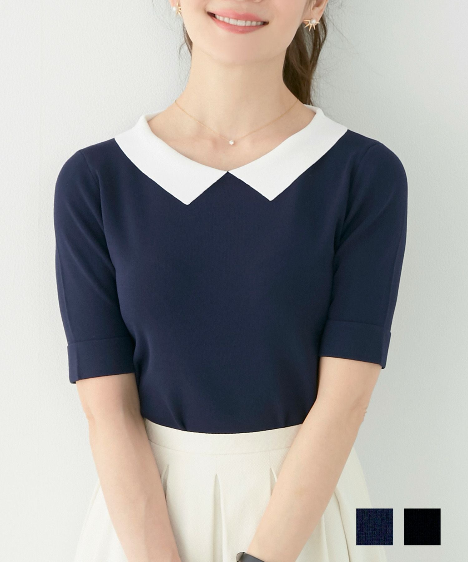 ニット 5分袖 白襟