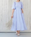 手洗い可/レディース/かぶりワンピース/夏/ギンガム/チェック/パール/リボン/バックリボン/ポケット/袖口ゴム/ブルー/ブラック/黒/バックリボン/フェミニン/大人可愛い/タック/ロングワンピース/マキシ/フェミニン/フレア/バックシャン