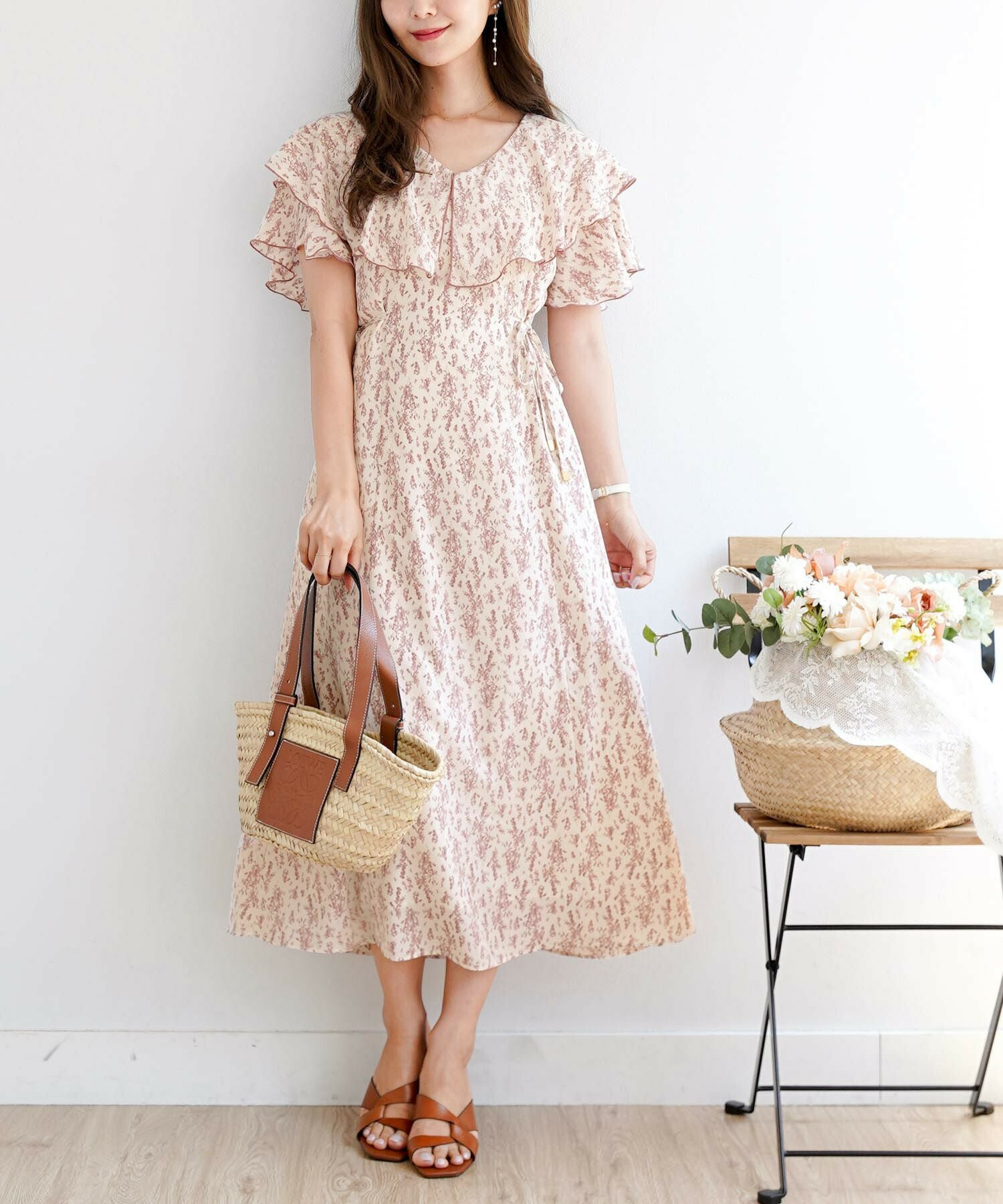 ワンピース フラワー フレアー ケープ襟 le reve vaniller 全2色