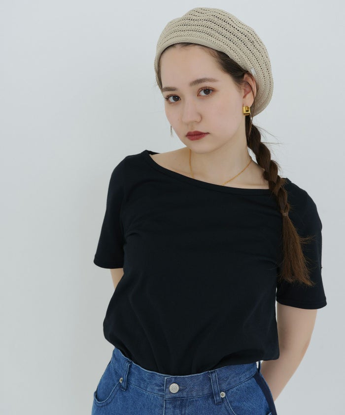 ホワイト/アイスブルー/ボートネック/半袖Tシャツ
