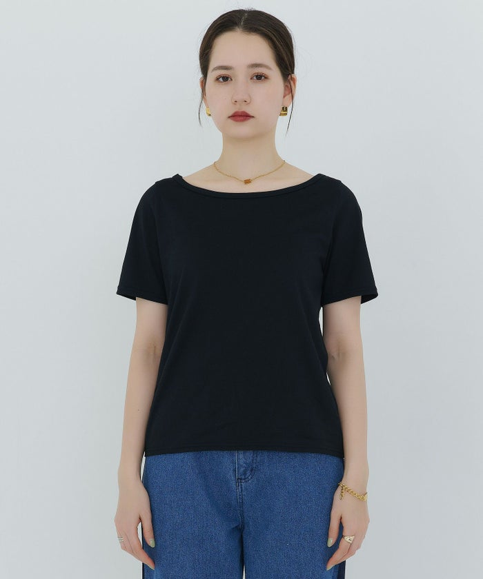 ホワイト/アイスブルー/ボートネック/半袖Tシャツ