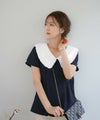 レディース/トップス/ブラウス/襟/衿/白襟/白衿/フリル衿/フリル襟/ピコカット/カットピコ/パール/ストレッチ/伸縮性/シンプル/ウエストタック/体型カバー/ネイビー/ホワイト/半袖/夏/秋口/ビッグカラー/フリルカラー