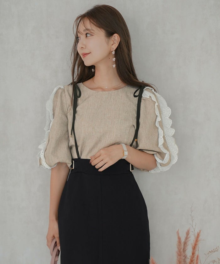 レディース/トップス/ブラウス/手洗い可/レース/フェミニン/大人かわいい/袖口ゴム/5分袖/五分/6分袖/六分/グレー/ブラウン/くるみ釦/背涙開き/夏/秋/杢調/メランジ/メランジグレー/メランジブラウン