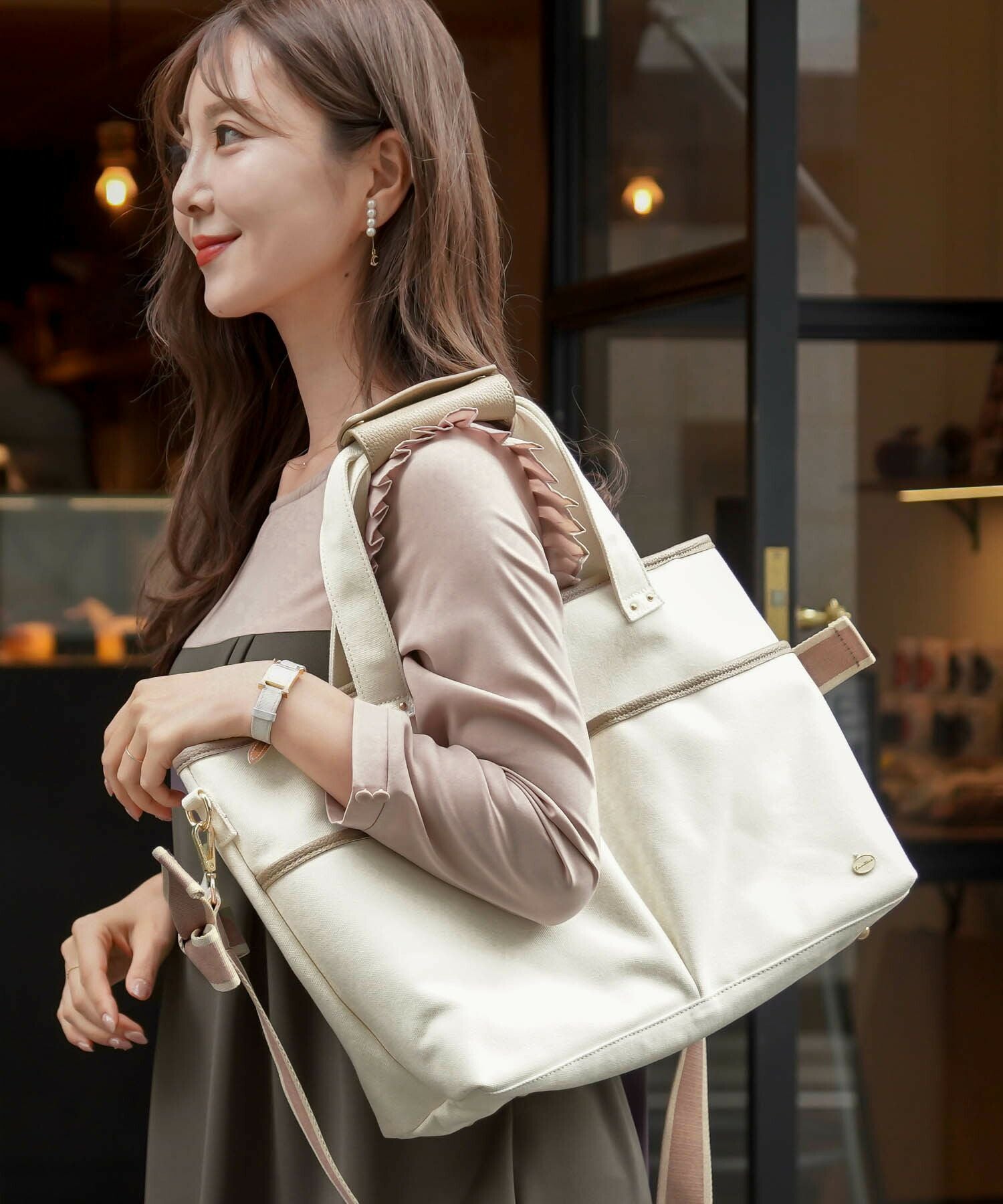 キャンバスバッグ 2WAY バイカラーリボンストラップ le reve vaniller