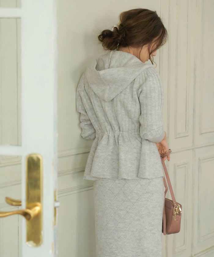 手洗い可/レディース/パーカー/フ―ディー/ニット/アーガイル柄/アイレット/ベロアリボン/セットアップ/ニットアップ/秋/冬/長袖/アイボリー/グレー/