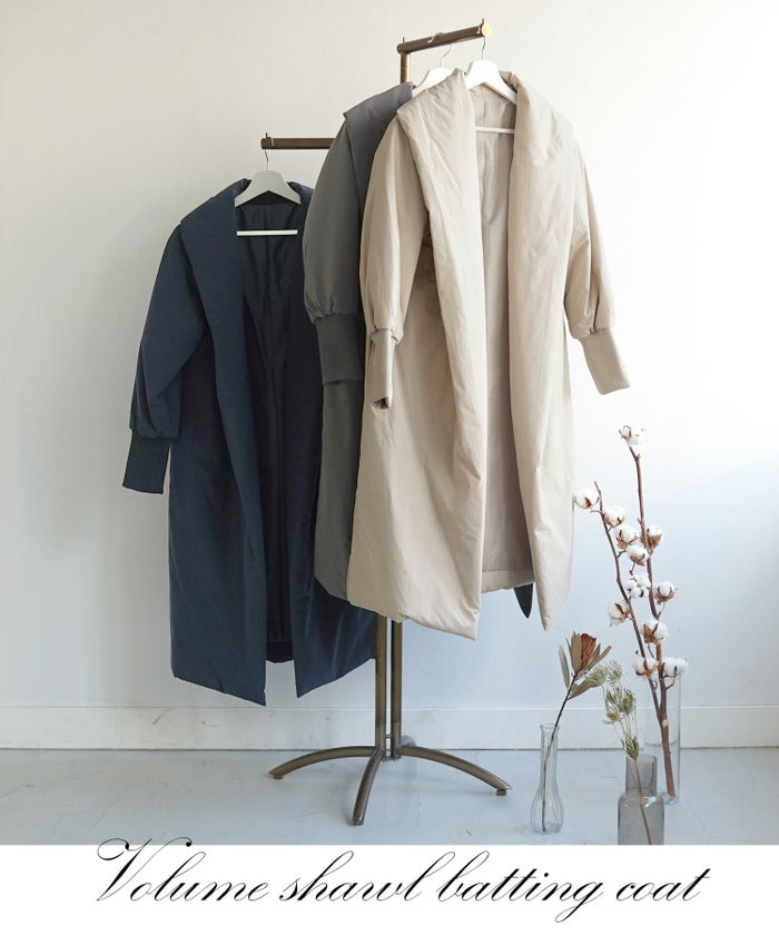 レディース/セレクト/アウター/中綿ダウン/ボリューム/袖口リブ/ダウンコート/ショール/軽い/保温/秋/冬/グレージュ/チャコール/ネイビー