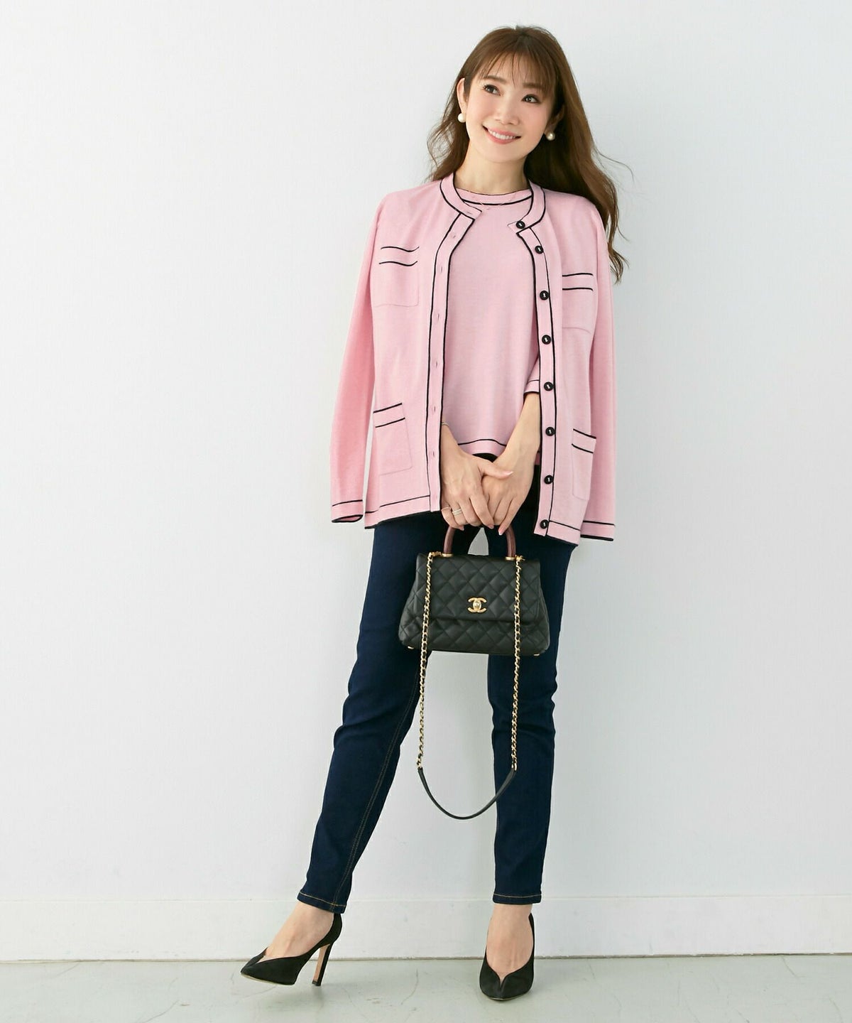 新色追加/手洗い可/長袖/アンサンブル対応/くるみボタン/配色/上品/綺麗め